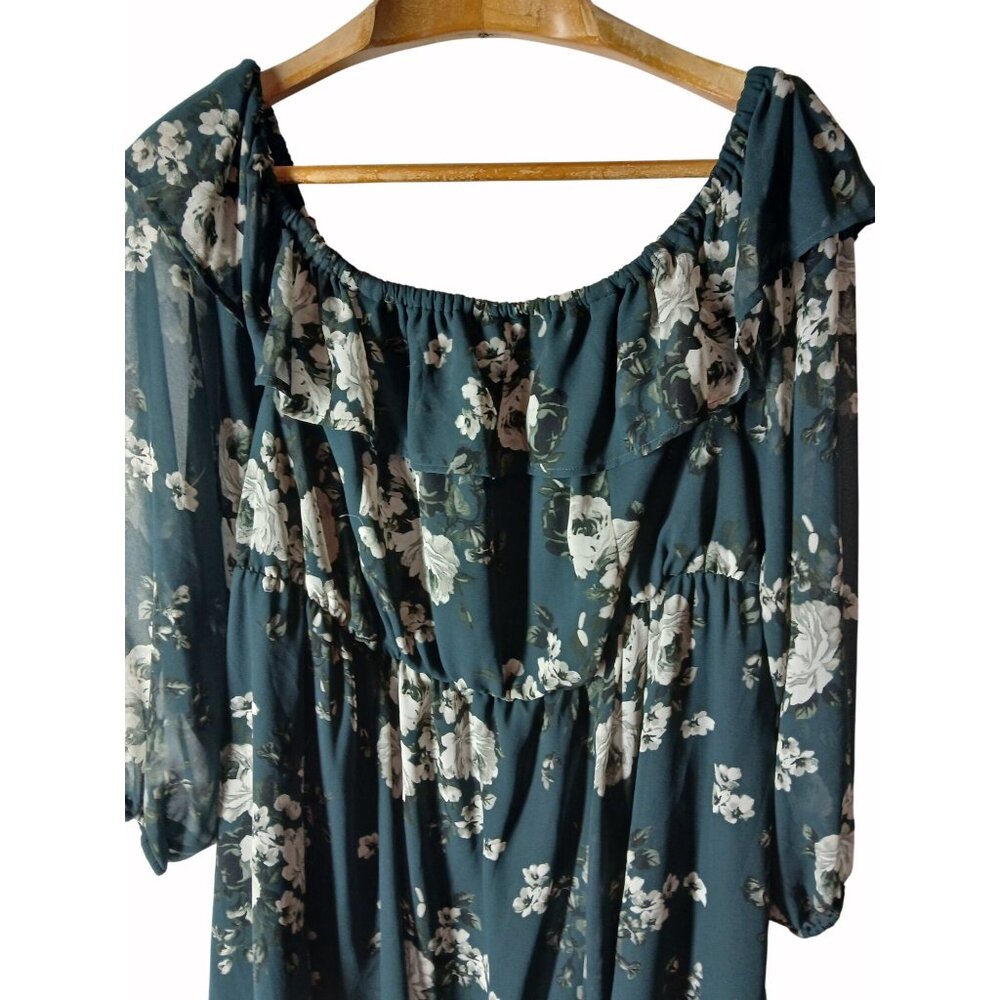 Torrid Womens Floral Off Shoulder Green Ruffled Chiffon Mini Dress Size 3 3X - Picture 2 of 11